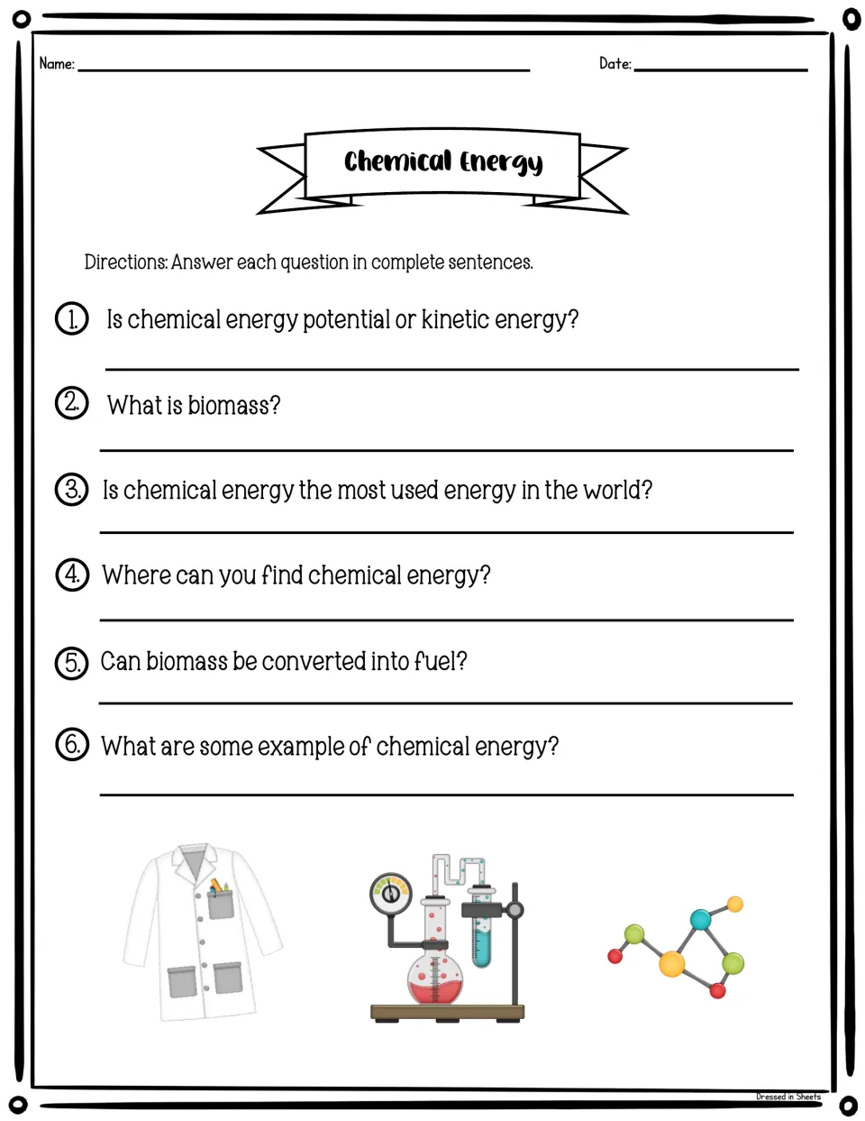 Chemical energy follow-up with six written questions about potential energy, biomass, fuel, and examples