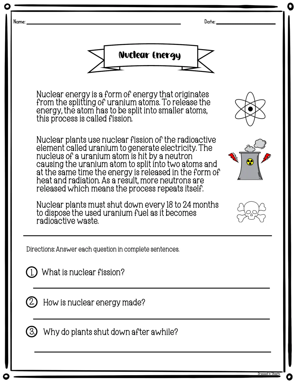 Nuclear energy reading about uranium fission and power plants, followed by three written-response questions