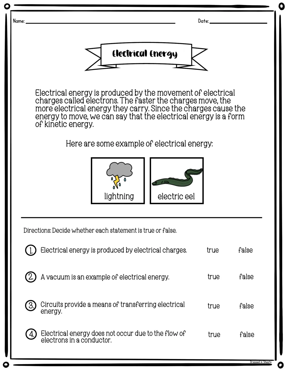 Electrical energy reading featuring lightning and an electric eel, followed by four true-or-false statements