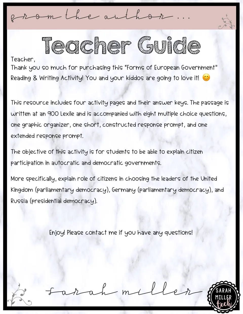 Teacher guide: explains the four activity pages, answer keys, 900 Lexile passage and citizen-role objective