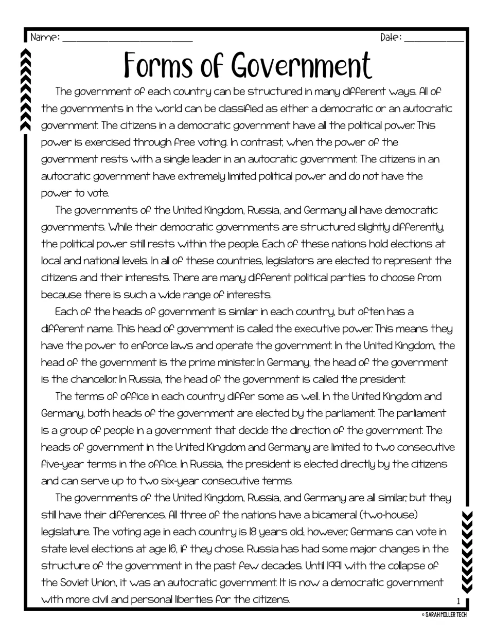 Forms of Government reading passage: students read about democratic and autocratic systems in the UK, Germany and Russia