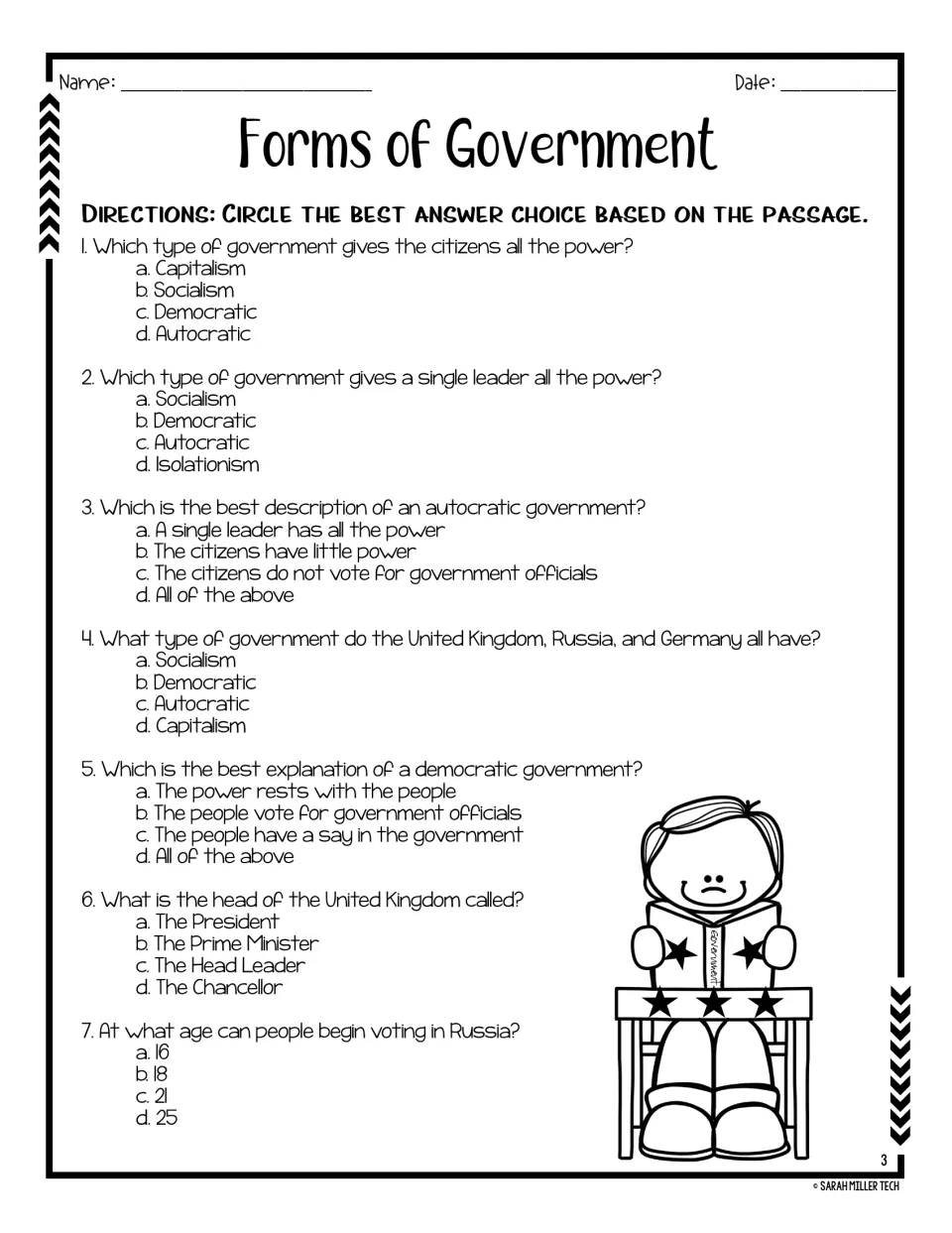 Multiple-choice questions 1 to 7 on autocratic and democratic governments, heads of government and voting age