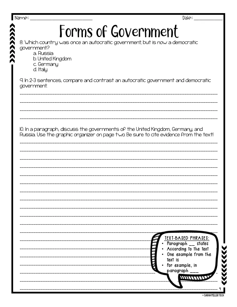 Question 8 plus two written responses: compare autocratic and democratic governments, then discuss three countries