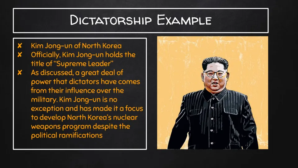 Dictatorship example: Kim Jong-un of North Korea, titled Supreme Leader, focused on the military and nuclear weapons