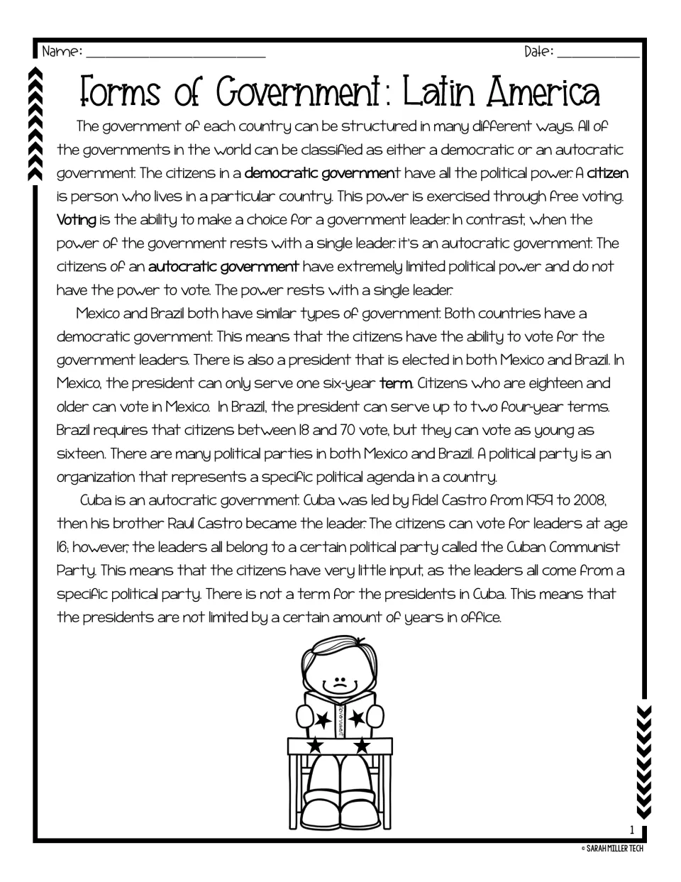 Reading passage introduces democratic and autocratic governments and compares Brazil, Mexico, and Cuba.