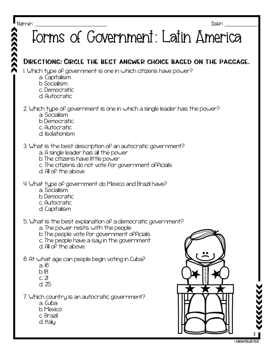 Questions 1–7 ask about citizens’ power, democratic and autocratic governments, and voting age in Cuba.