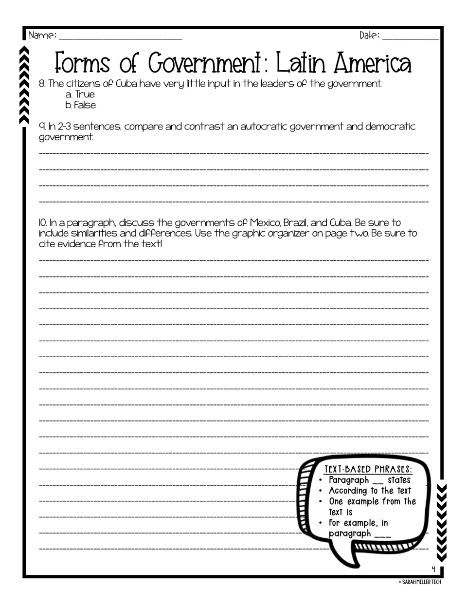 Questions 8–10 include a Cuba true-or-false item and written comparisons of government types and countries.