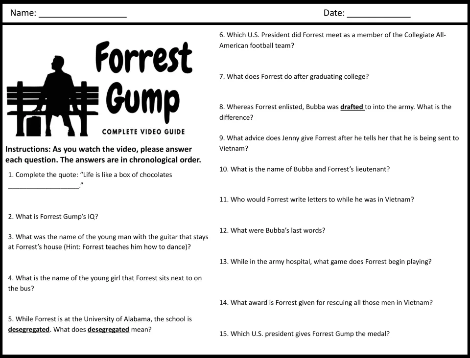 Forrest Gump video guide, questions 1-15: viewing comprehension on Jenny, Bubba, Vietnam and desegregation