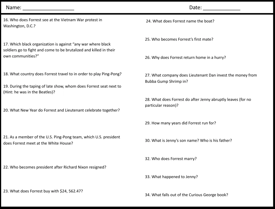 Viewing questions 16-34: students recall the protest, Ping-Pong team, shrimp boat, Lieutenant Dan and Jenny's son