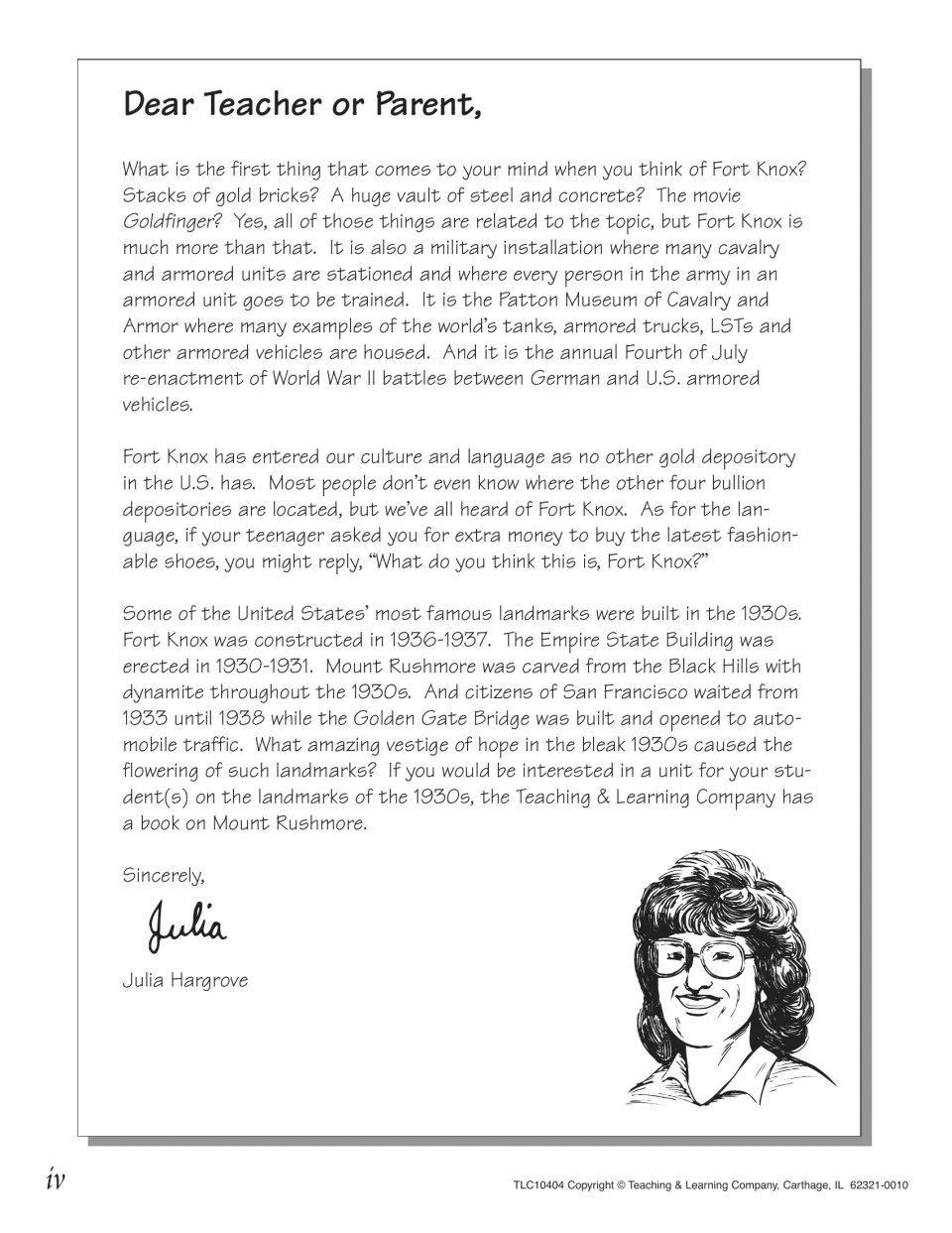 Letter to teachers and parents from Julia Hargrove on Fort Knox as gold vault, Army post and Patton Museum site