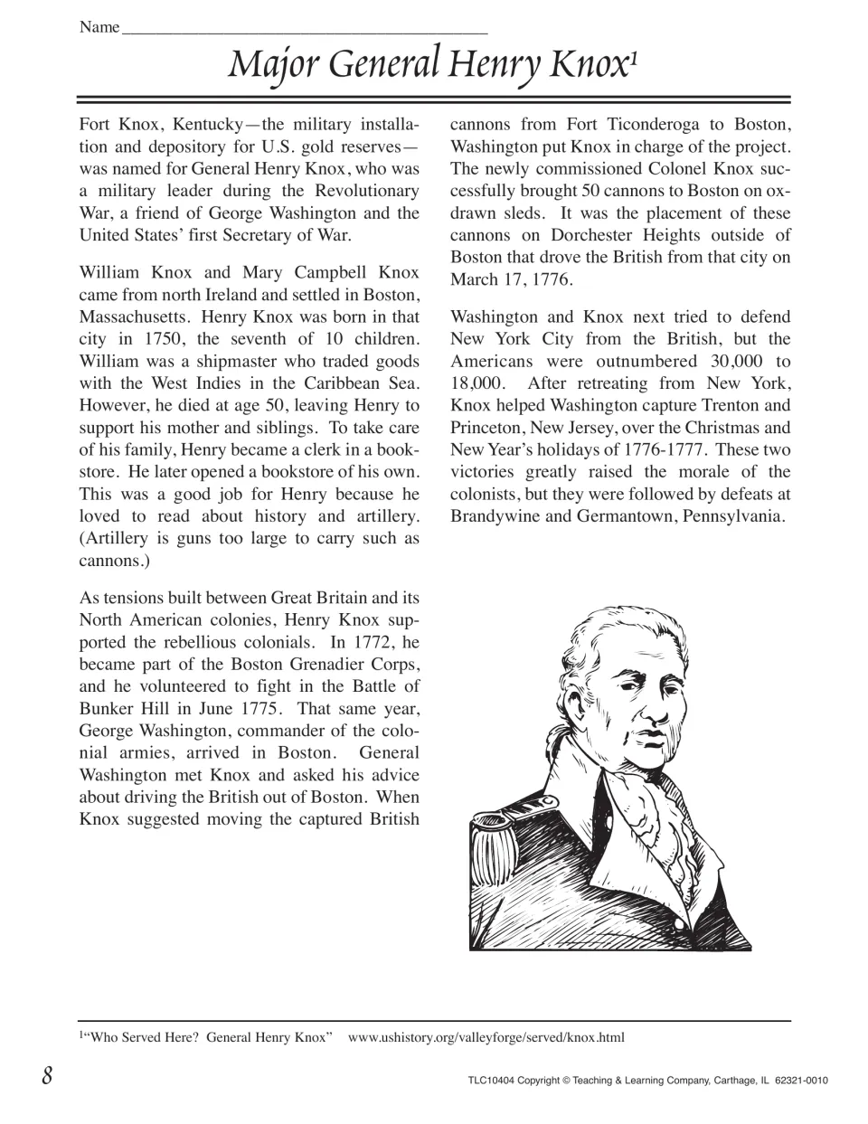 Henry Knox biography, part 1: Boston bookseller who hauled 50 cannons from Fort Ticonderoga, with a portrait