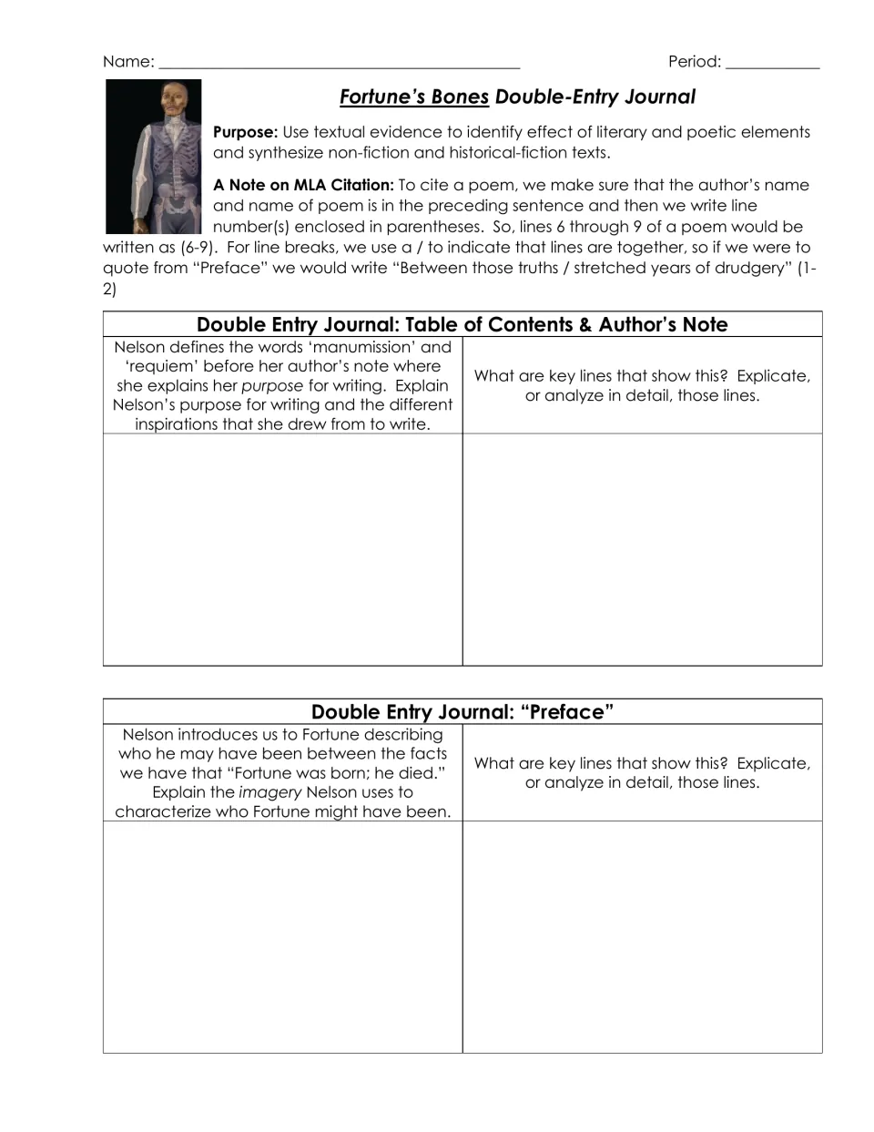 Fortune's Bones journal opener: MLA poem citation note, then prompts on Nelson's author's note and Preface imagery