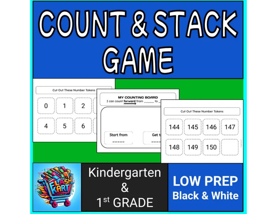 Count & Stack Game cover for Kindergarten & 1st Grade showing number tokens 0-7 and 144-150 and a forward counting board