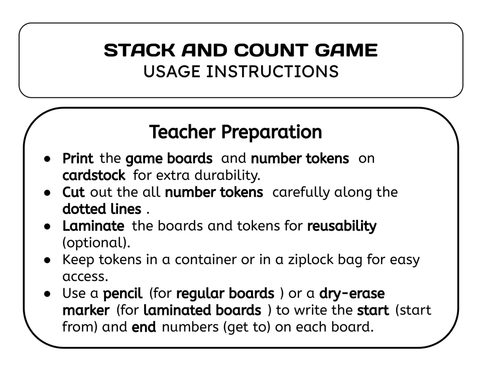 Teacher preparation: print boards and number tokens on cardstock, cut, laminate, store tokens and write start/end numbers