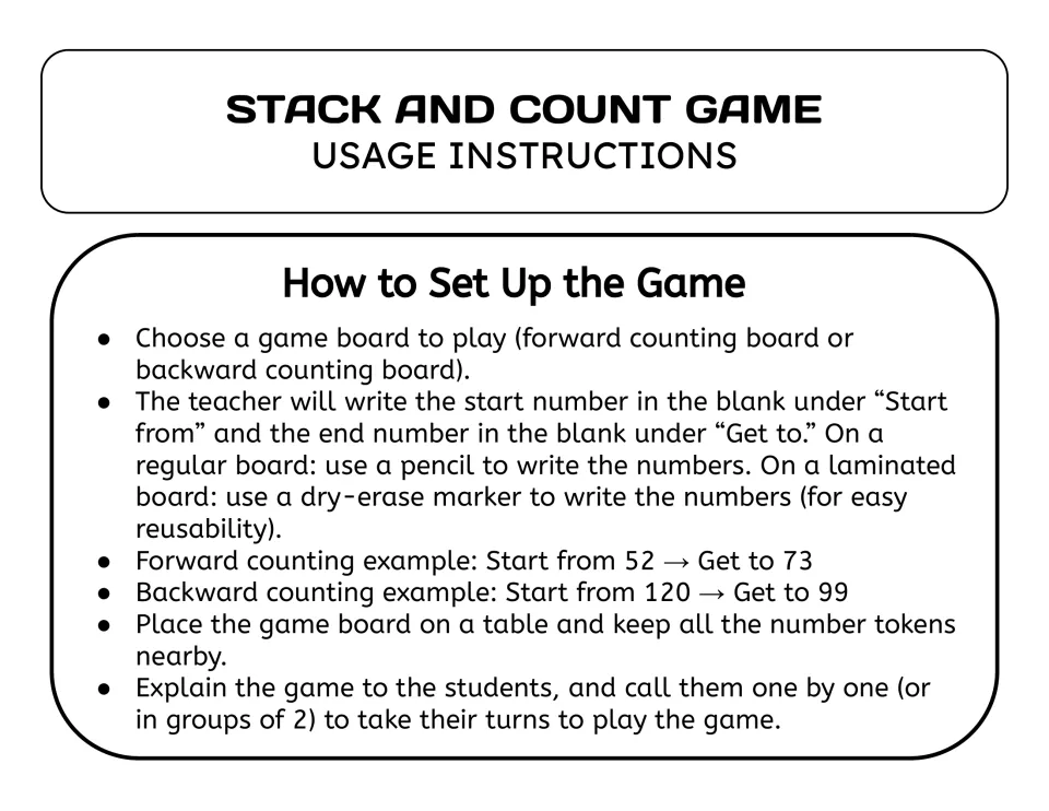 Game setup steps: pick a forward or backward board, write Start from and Get to numbers, e.g. 52 to 73 or 120 to 99