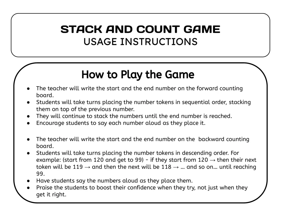How to play: students stack number tokens in order, counting aloud forward or backward, such as 120, 119, 118 down to 99