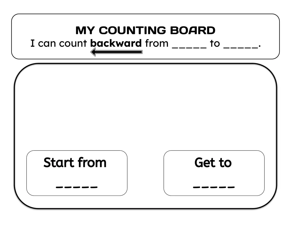 Backward counting board: I can count backward from __ to __, with blank Start from and Get to spaces for stacking tokens