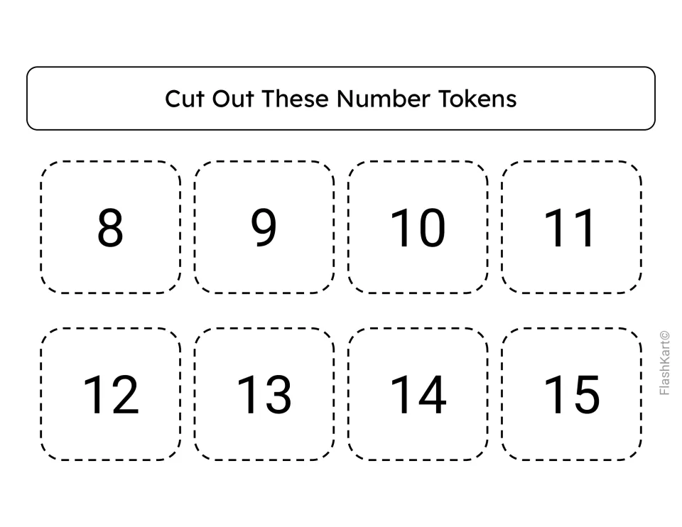 Cut out these number tokens: eight numbered cards 8 through 15 for students to stack in order during the counting game