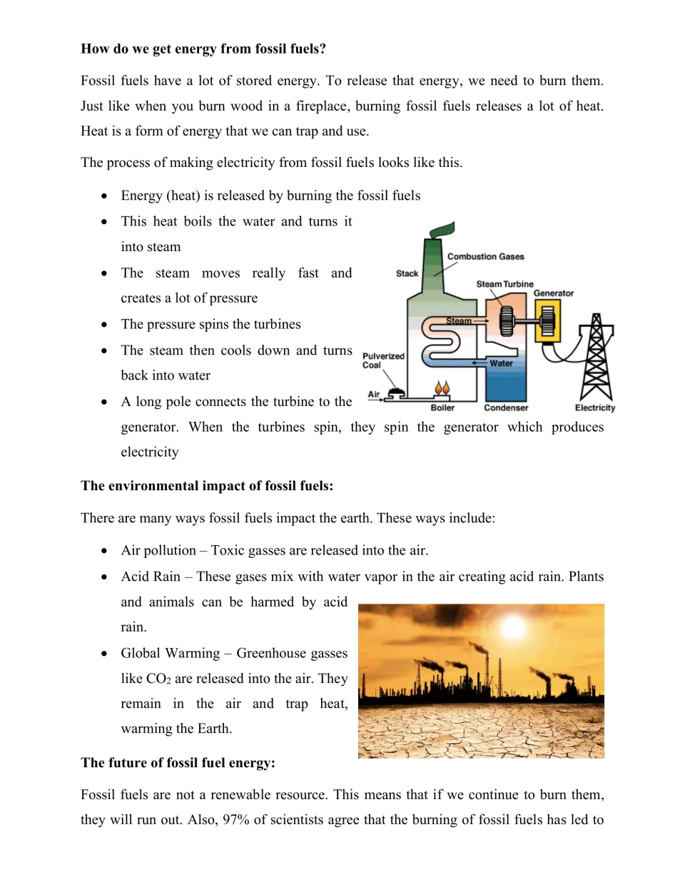Fossil fuel electricity and pollution: students read the boiler-to-generator steps and acid rain and global warming effects