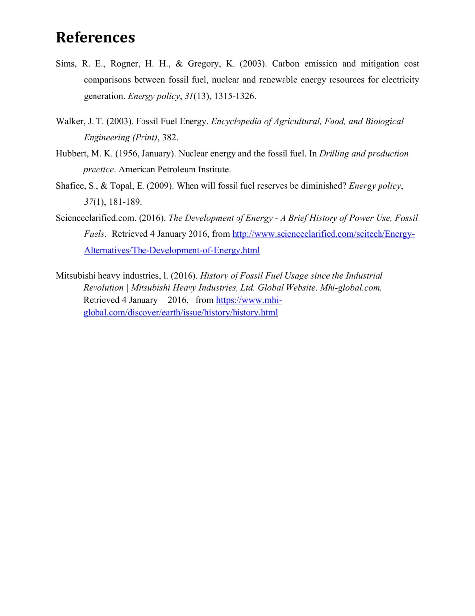 References list of the journal articles and websites cited for the fossil fuel article, including Energy Policy sources