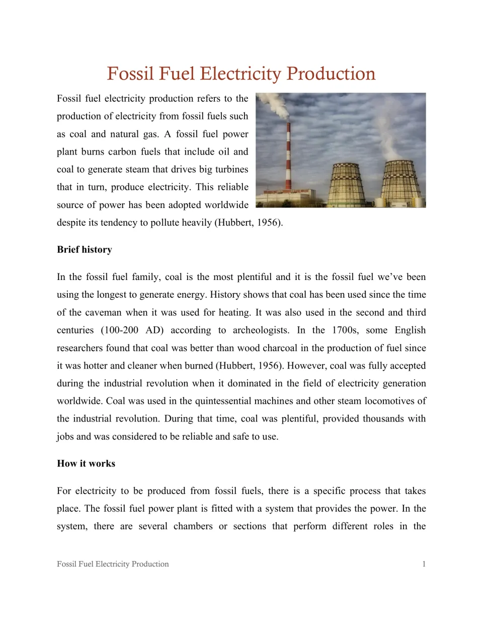 Reading passage opening: fossil fuel electricity production, coal's history, and how power plants work