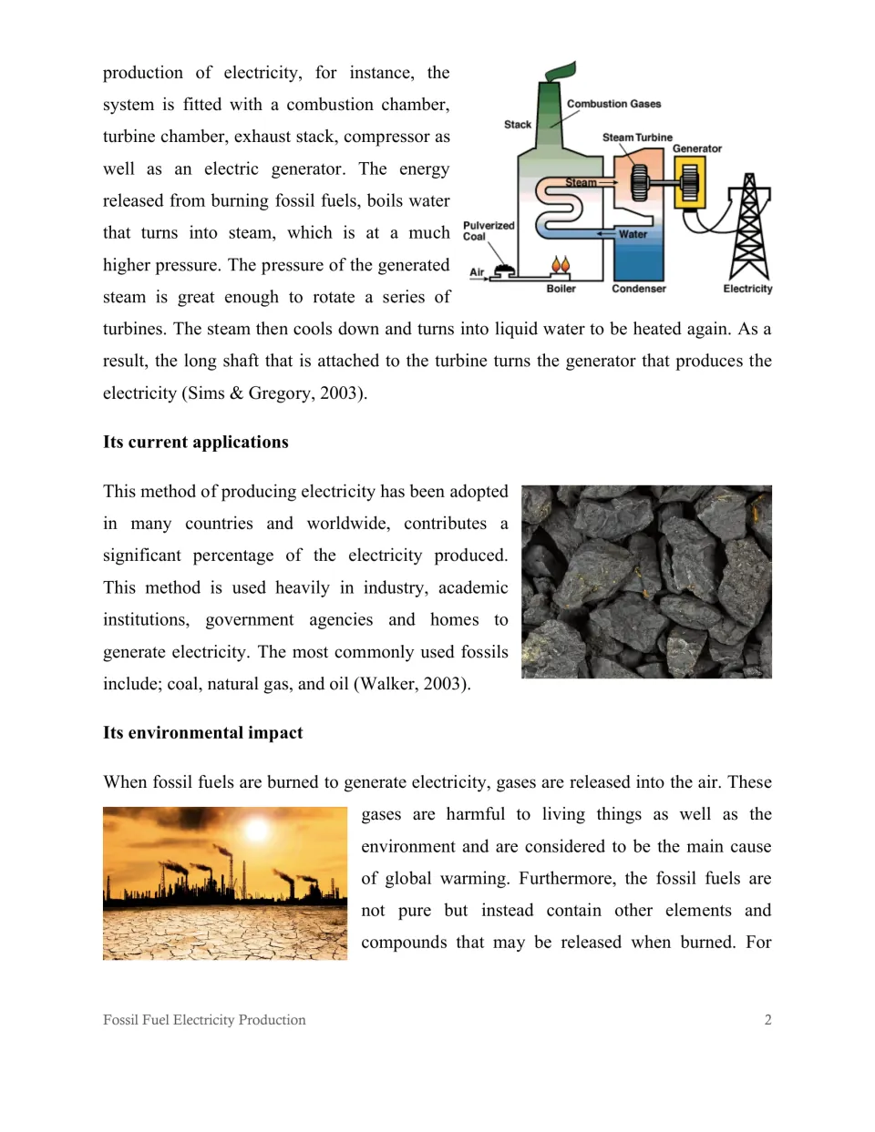 Reading passage continuation: steam turbine diagram, fossil fuel applications, and environmental impact