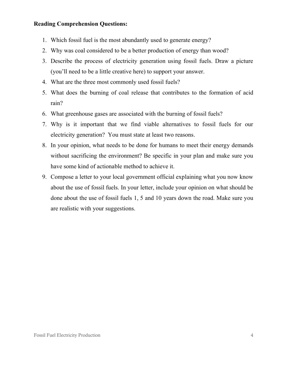 Nine comprehension questions on fossil fuels, including a power generation drawing and a government letter