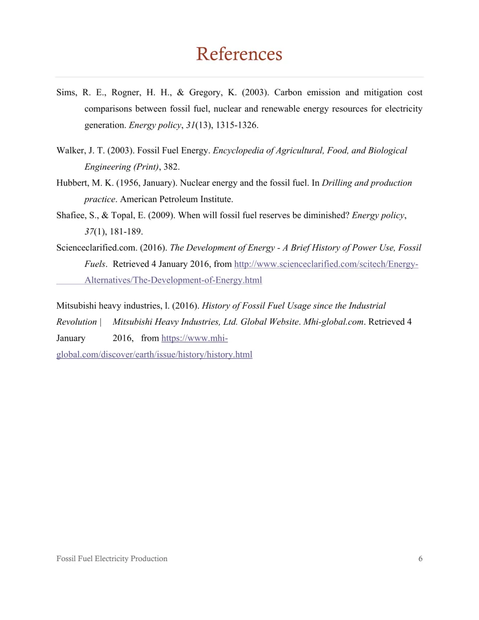 References for the fossil fuels passage, citing sources on energy generation, fuel reserves, and history