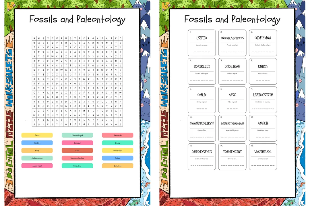 Fossils and Paleontology Word search, scramble and crossword – cover