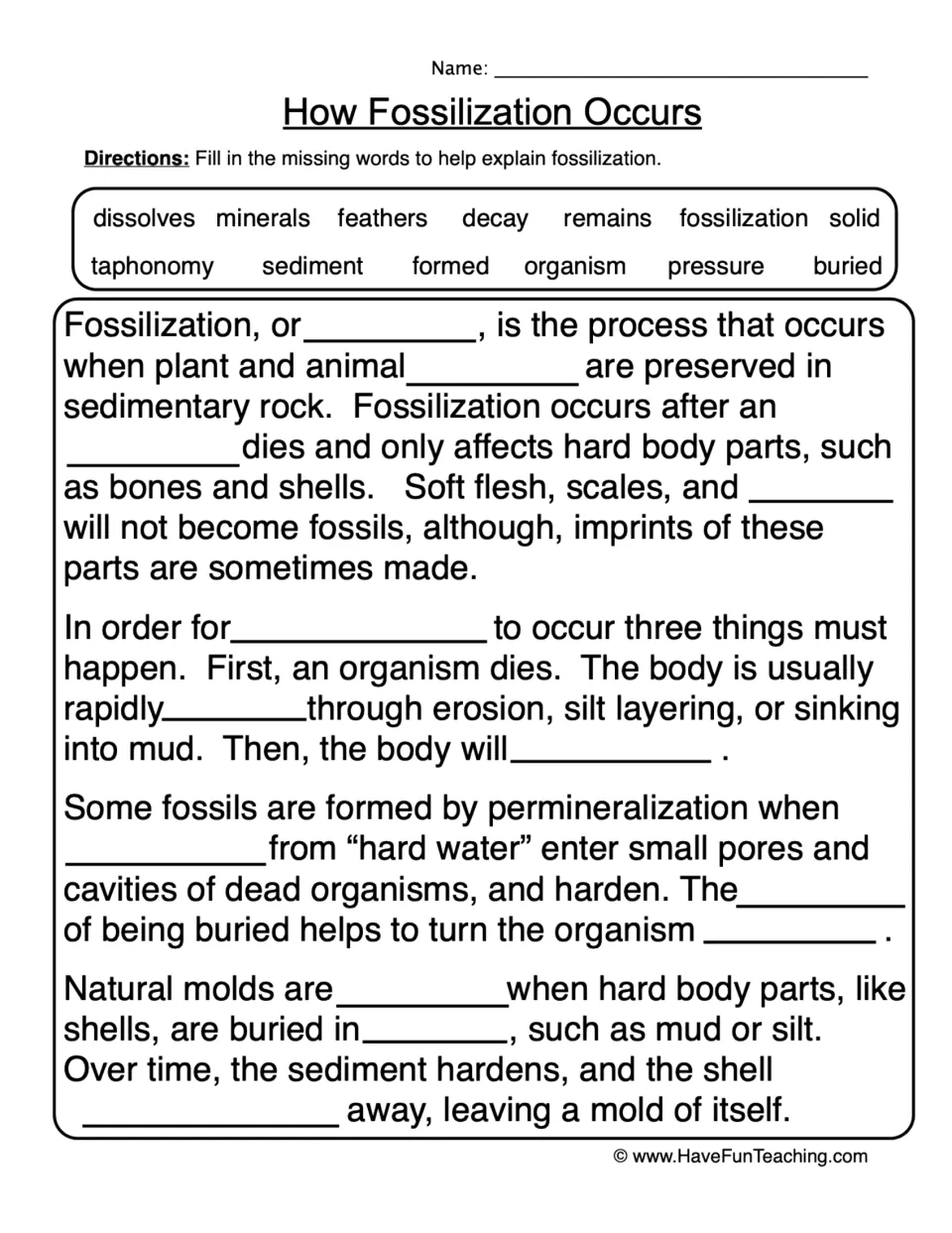 How Fossilization Occurs: students complete a passage on burial, permineralization and molds using a 13-word bank