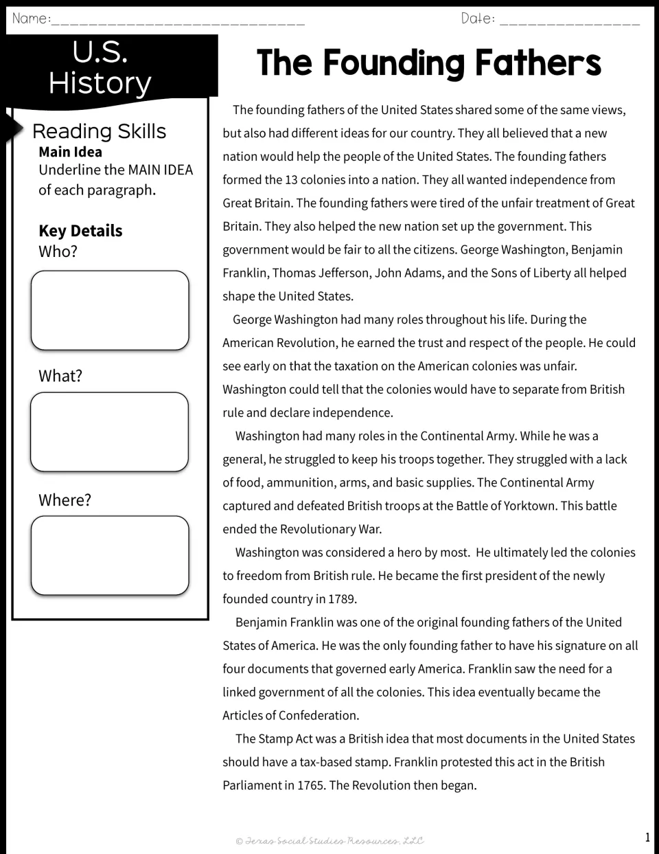 U.S. history reading passage on Washington and Franklin; students underline each main idea and note who, what and where