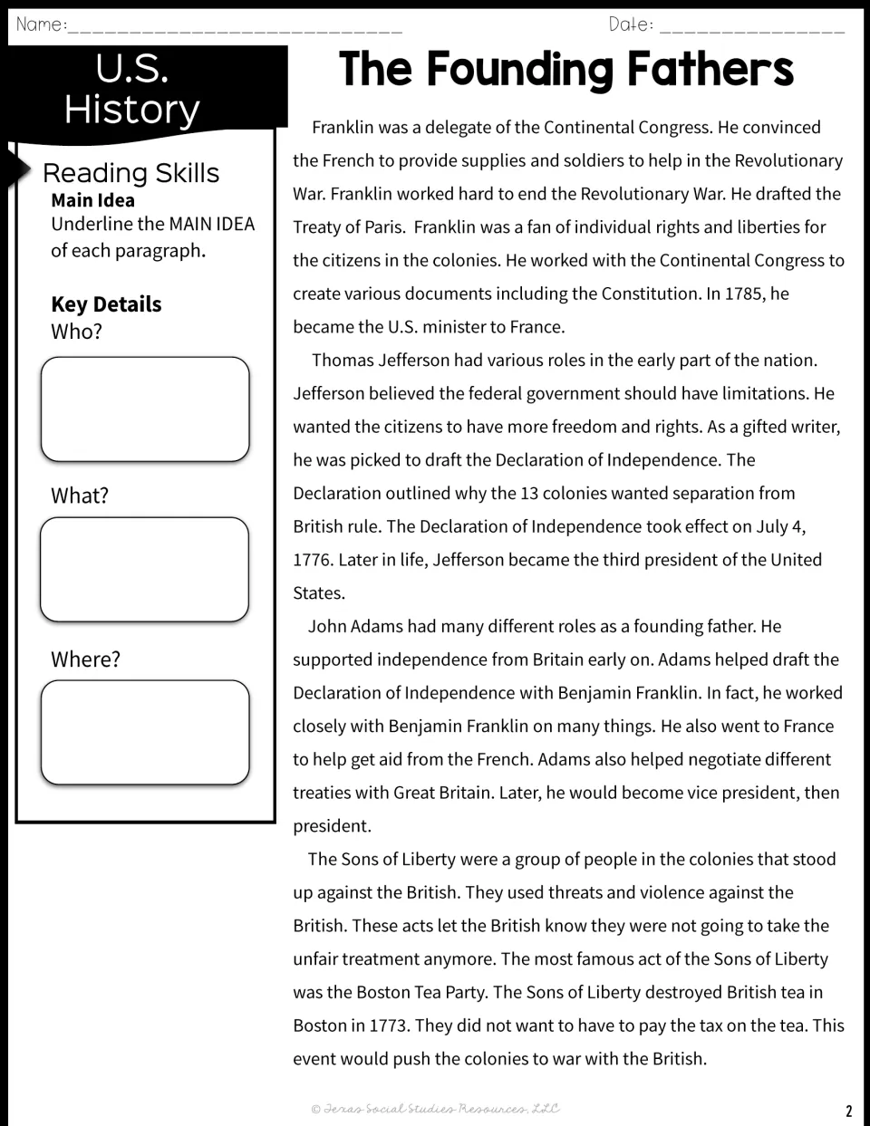 Passage part 2 on Franklin, Jefferson, Adams and the Sons of Liberty; students underline main ideas and fill key details