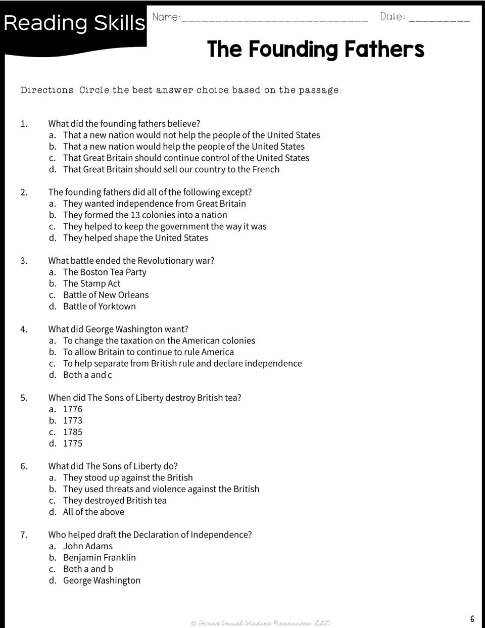 Multiple-choice questions 1-7: students circle answers about founders' beliefs, the Sons of Liberty and the Declaration