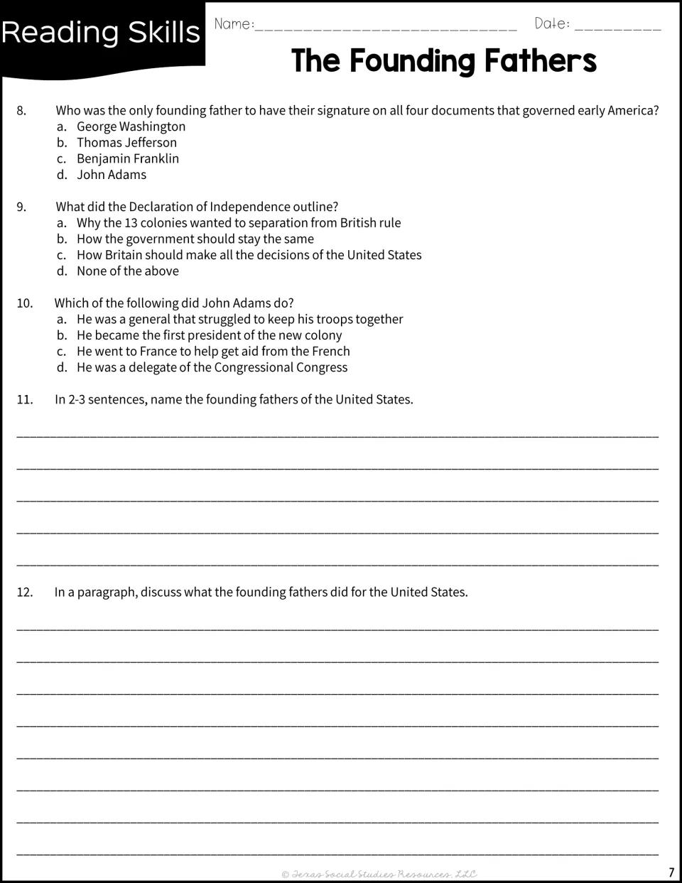 Questions 8-12: multiple choice on signers, the Declaration and Adams, then 2-3 sentences and a paragraph on the founders