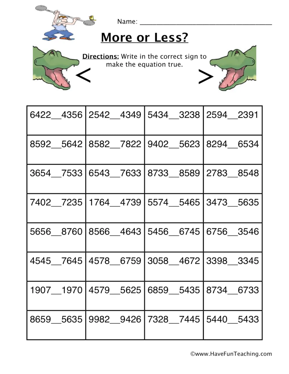More or Less? comparing 4-digit numbers: students write < or > between 32 number pairs, with alligator sign reminders