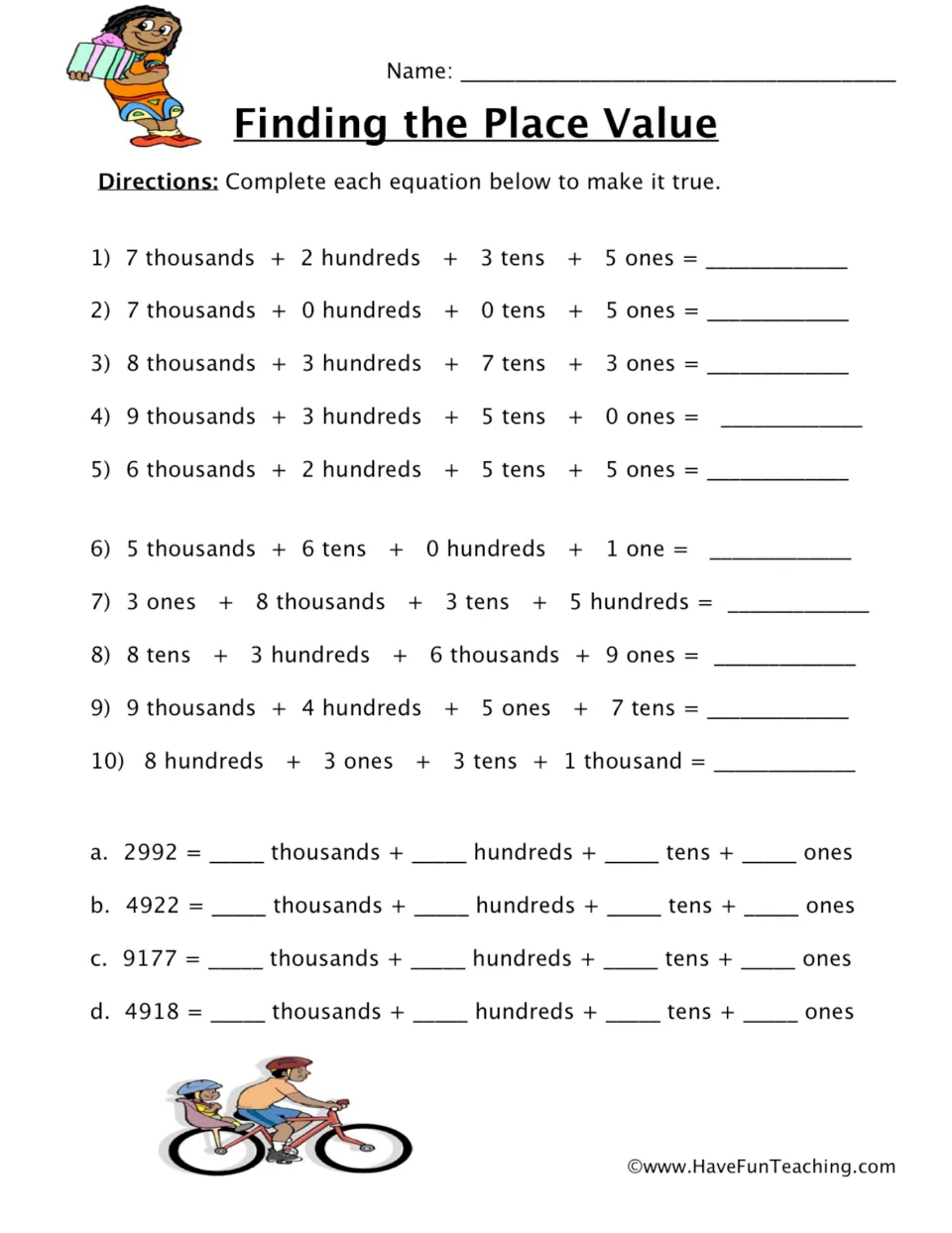 Finding the Place Value: students build 4-digit numbers from place values, then split 4 numbers into thousands to ones