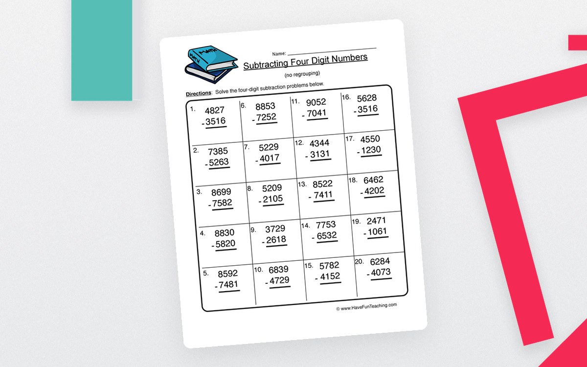Subtracting Four Digit Numbers worksheet with twenty vertical problems and a book illustration
