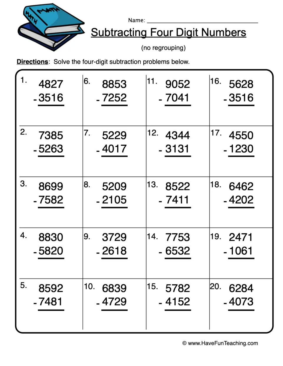 Subtracting Four Digit Numbers (no regrouping): students solve 20 vertical subtraction problems such as 4827 - 3516