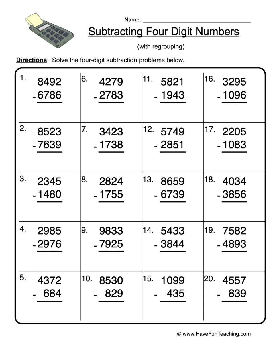 Subtracting four-digit numbers with regrouping: students solve 20 vertical problems such as 8492 - 6786 and 4372 - 684