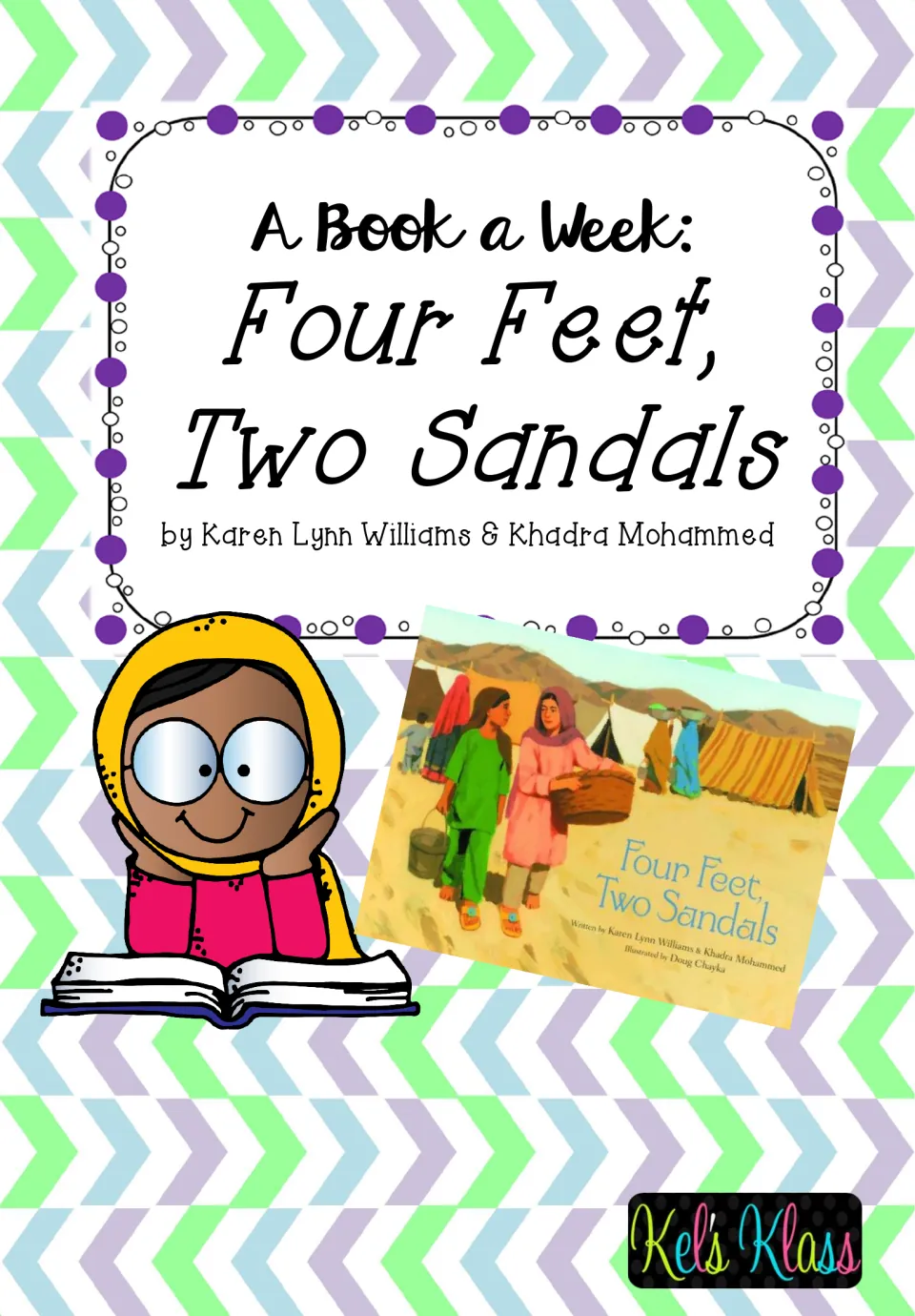Reading mini unit cover for Four Feet, Two Sandals, naming authors Karen Lynn Williams and Khadra Mohammed