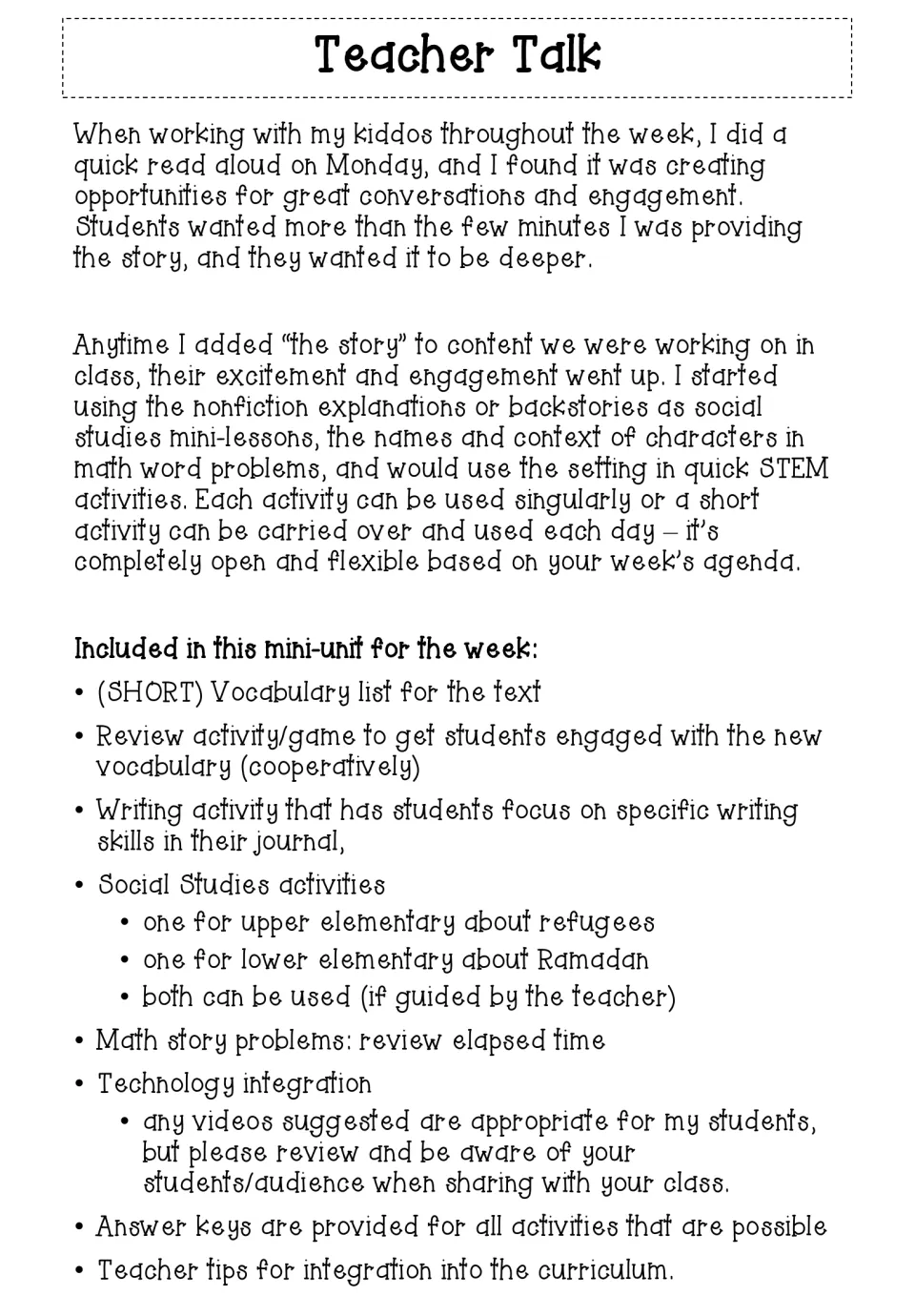 Teacher Talk overview lists vocabulary, journal writing, social studies, elapsed time, and technology activities