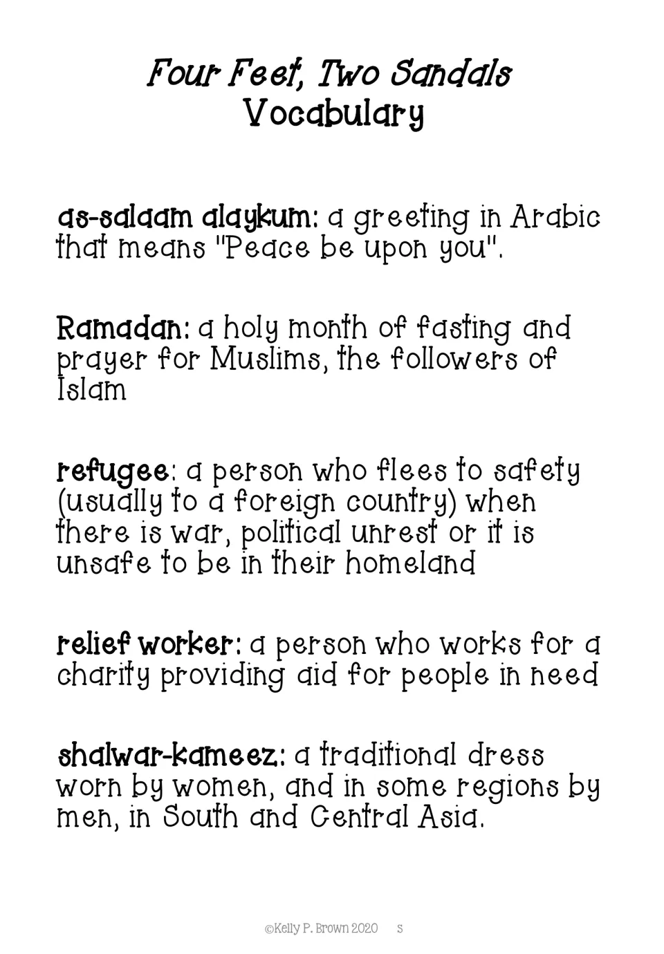 Vocabulary reference defines as-salaam alaykum (peace be upon you), Ramadan, refugee, and two more terms