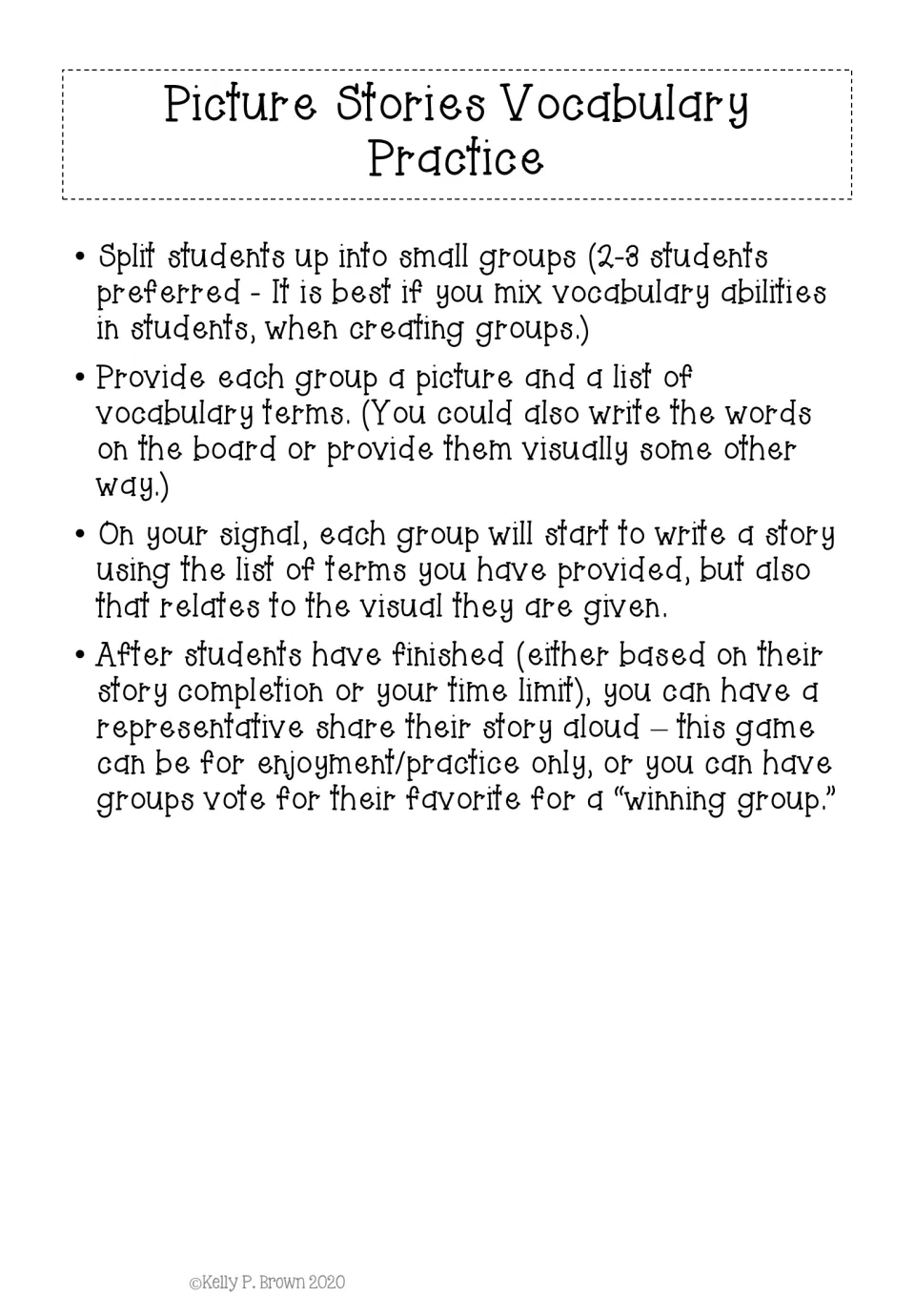 Picture Stories directions ask small groups to write a story using vocabulary terms and a provided picture