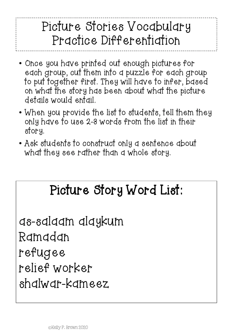 Picture-story differentiation suggests a photo puzzle, using 2–3 vocabulary words, or writing one sentence