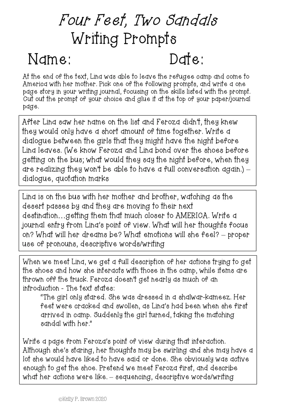 Three writing prompts cover the girls' farewell dialogue, Lina's bus journal, and Feroza's first meeting