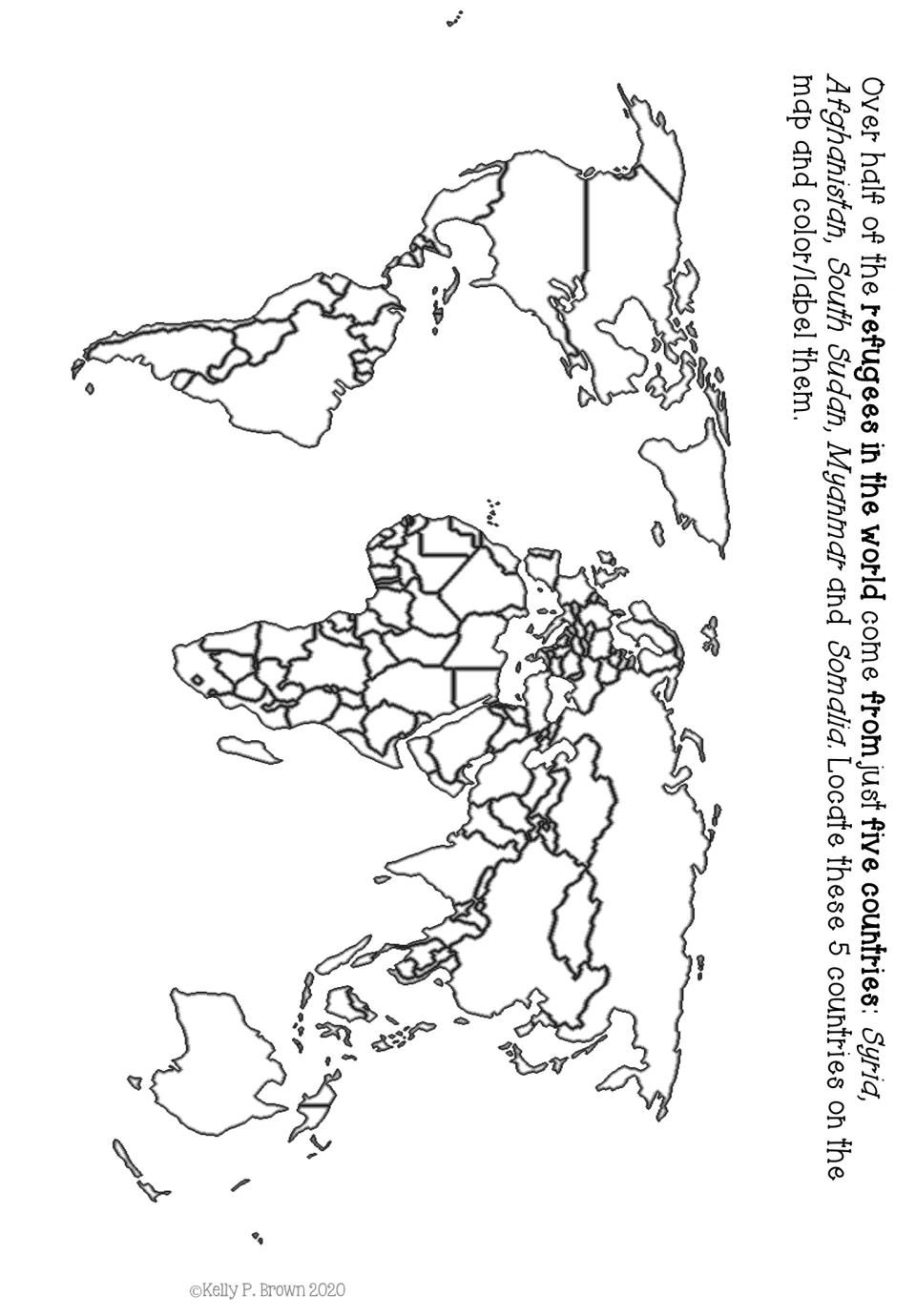 World map activity asks students to locate, color, and label Syria, Afghanistan, South Sudan, Myanmar, and Somalia