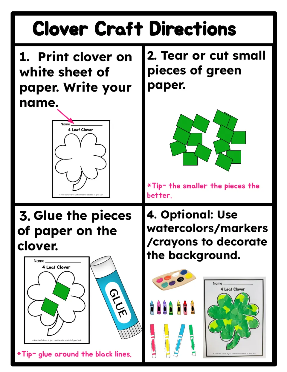 Clover Craft Directions in 4 steps: print and name the clover, tear green paper, glue it on, decorate the background