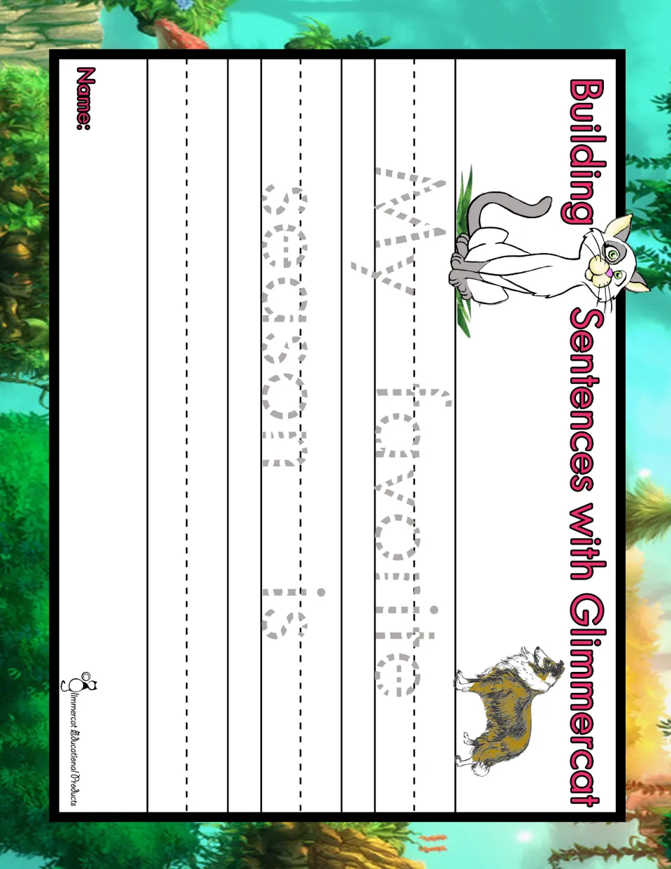 Building Sentences with Glimmercat in color: students trace "My favorite season is" and write to finish the sentence