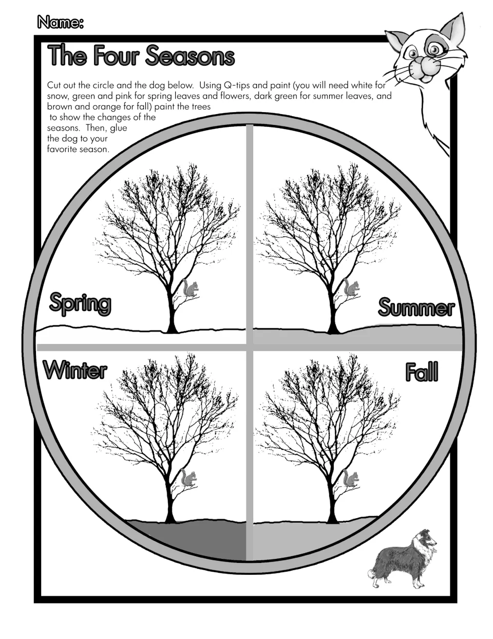 Grayscale four seasons wheel: paint each bare tree in its season's colors, then glue the cut-out dog by a favorite season