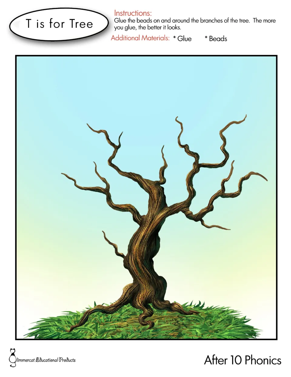 T is for Tree craft in color: students glue beads on and around the branches of a twisted bare tree; glue and beads needed